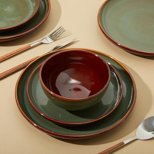 Pokini Ceramic Dinnerware Sets for 4, 12pcs Plates and Bowls Sets Dish