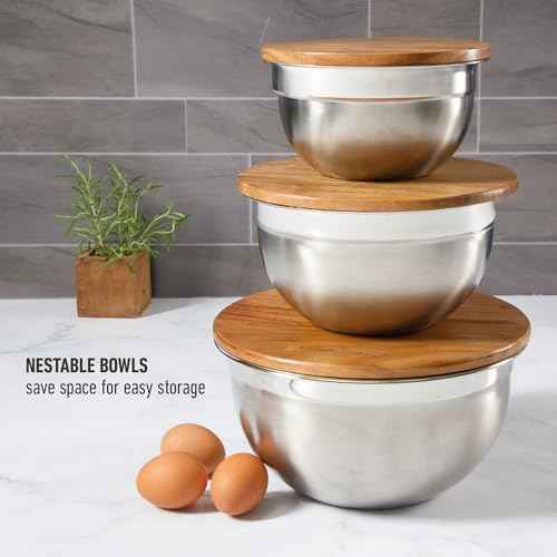 Calphalon Orbit Mixing Bowl Set, 3-Piece Stainless Steel Mixing Bowls(1.5 Qt, 3 Qt, 5 Qt) with Acacia Wood Lids & Non-Slip Base, Kitchen Prep Bowls for Mixing, Serving & Food Storage