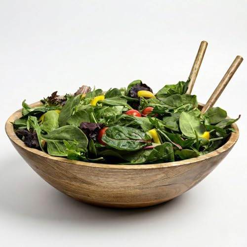 Extra Large Wooden Salad Bowl 15" with Serving Utensils - Large Wood