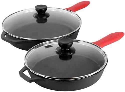 MegaChef 13 Piece Pre-Seasoned Cast Iron Skillet Set with Temperd Glass Lids and Silicone Holders