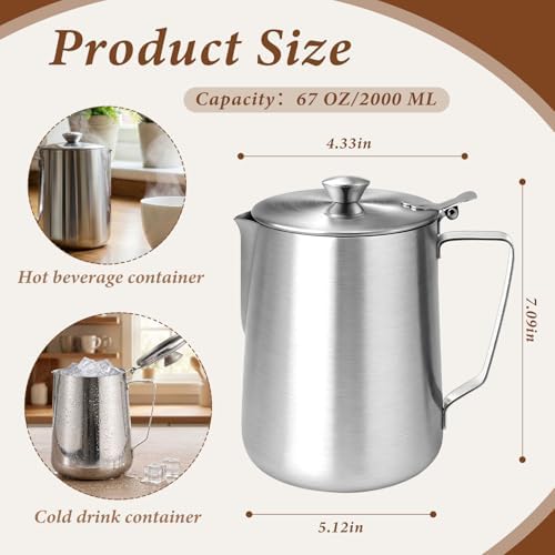2 Pcs 67 Oz/ 2 L 304 Stainless Steel Pitcher with Lid Milk Frothing