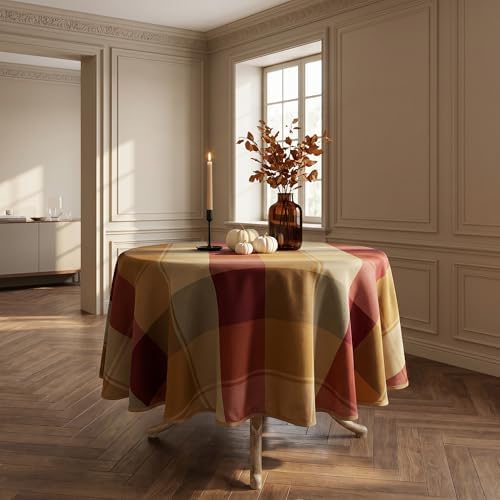 60" Round Polyester Plaid Tablecloth for Thanksgiving