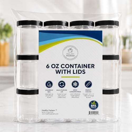 Healthy Packers 6 oz Plastic Jars with Lids | 12-Pack Black Lids