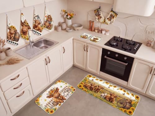 Tieshankao 10PCS Highland Cow Kitchen Decor Set, Sunflower Towels Pot