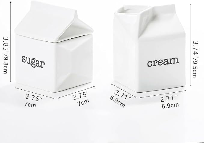 Ceramic Sugar and Creamer Set, Milk Carton Shaped White Cream Jug and