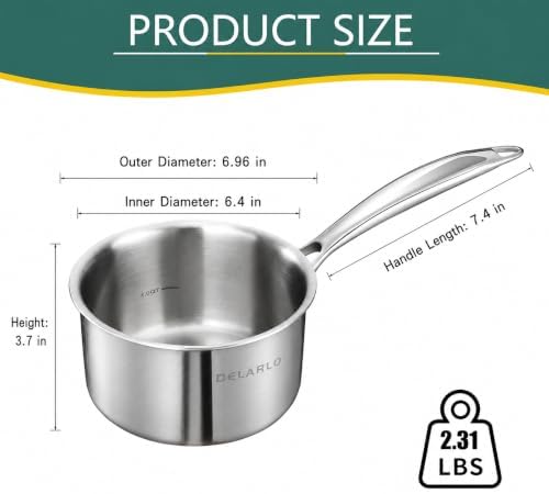 DELARLO Full-body Clad Tri-ply Stainless Steel 2 Quart Saucepan with