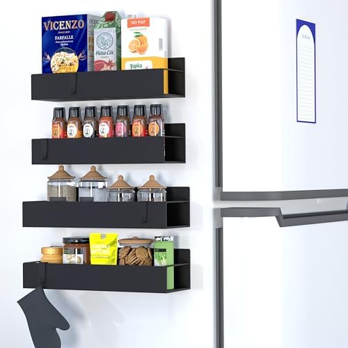Metal Magnetic Spice Rack for Refrigerator, 4 Pack, Black