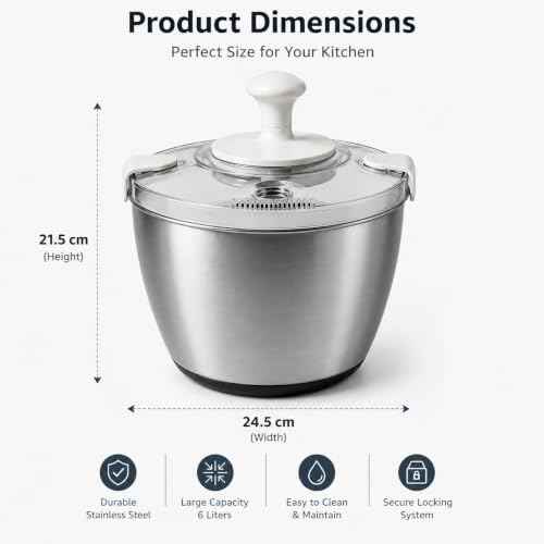 Stainless Steel Salad Spinner Large Capacity 6L – Hand Crank Vegetable