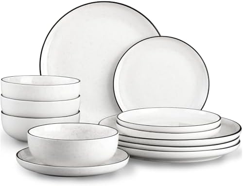 Plates and Bowls Sets for 4,12 Pieces Ceramic Dish set, White