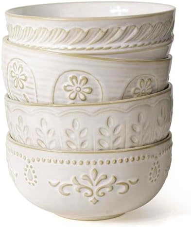 Artena Soup Bowls 32 OZ, Cereal Bowls Set of 4, Embossment Ceramic