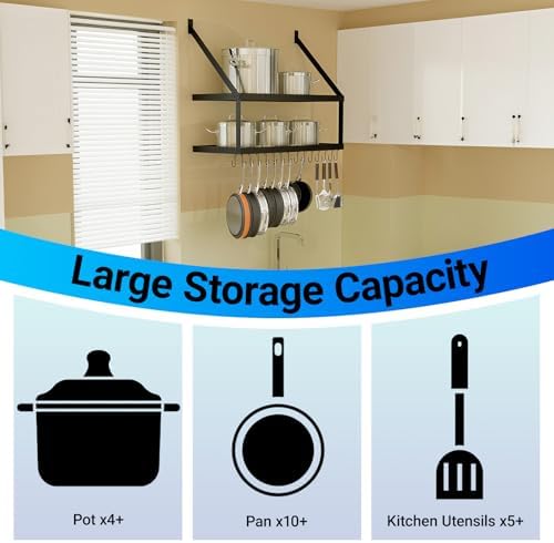 Miyili 30-Inch Kitchen Pot Rack with 15 Hooks, Wall Mounted Hanging Rack for Storage Organizer, 2-Tier Pots Hangers Shelf (Matte Black)