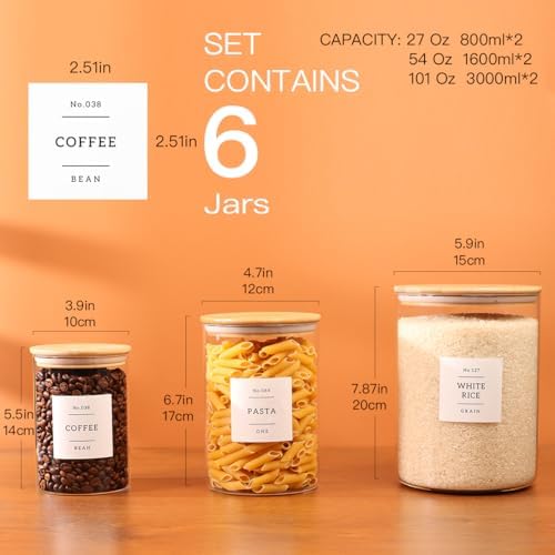 6-Pack Borosilicate Glass Storage Jars with Bamboo Lids + 132
