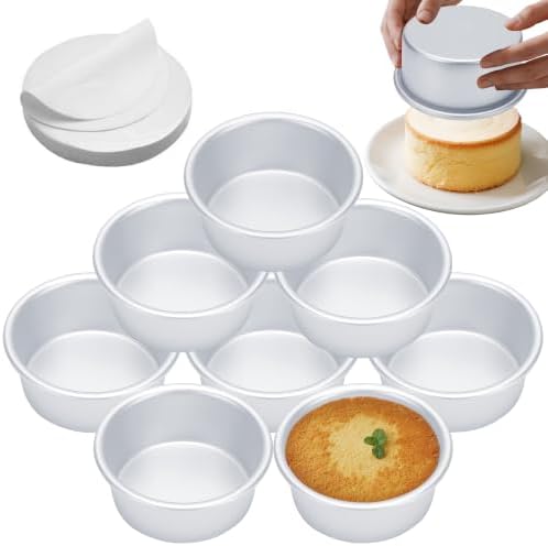 4 Inch Cake Pan Set of 8, Aluminum Mini Cake Pans w/ 100PCS Parchment