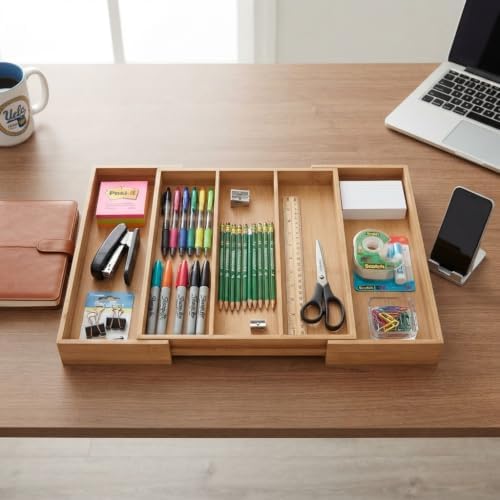 Expandable Bamboo Silverware Drawer Organizer, Adjustable Cutlery Tray