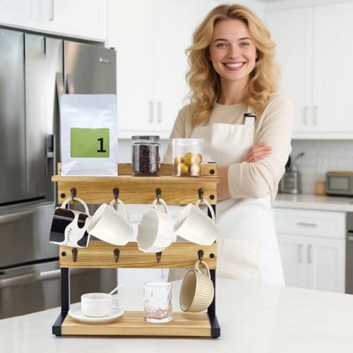PH PandaHall Rustic Mug Holder Stand 2 Tier Wood Countertop Rack
