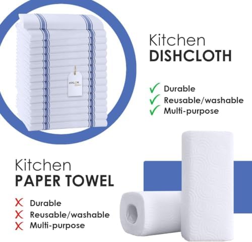 Dish Towels 15 Pack Blue Stripe 100% Cotton Kitchen Towel 15x25 Inch