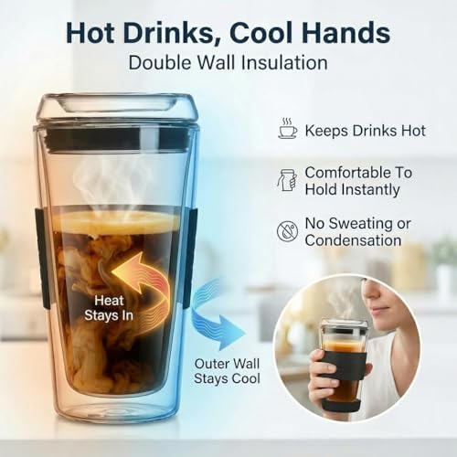 16oz Double Wall All Glass Tumbler with Lid, Glass Travel Mug