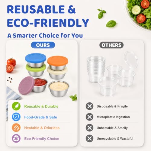 6 Pack Salad Dressing Containers to Go - 1.6 oz Reusable Stainless