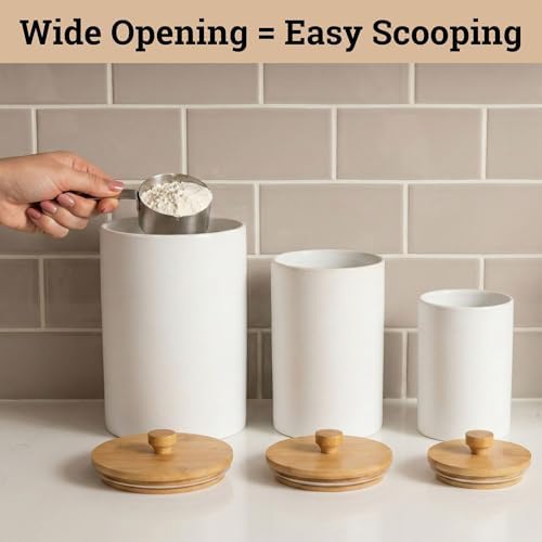 Ceramic Kitchen Canisters for Countertop Set of 3 w/ Airtight Bamboo