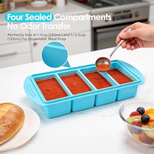Silicone Freezer Tray with Lid, 4 Compartment Food Storage Container