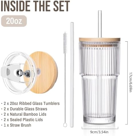 SoulTimes 20oz Ribbed Glass Tumbler with Bamboo Lid and Straw – Iced
