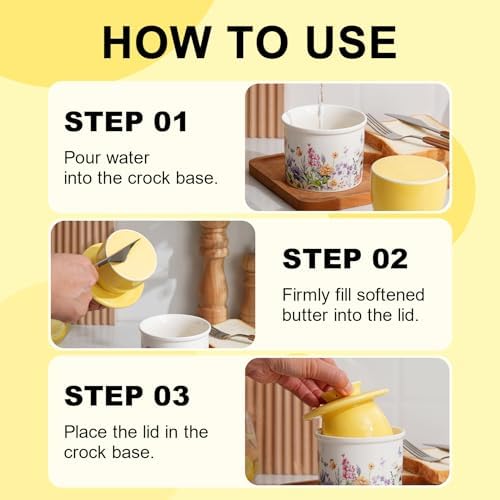 Butter Crock with Yellow Lid for Countertop, 3.9'' Butter Dish