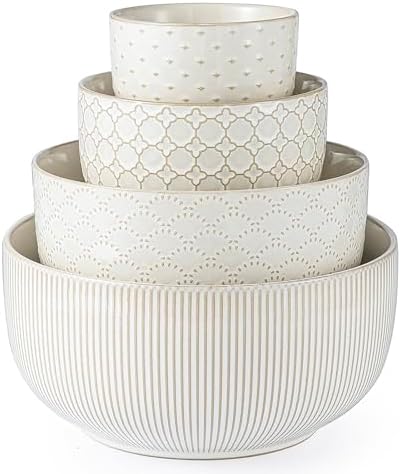 Mikiegy Ceramic Mixing Bowls Set of 4, Nesting Ceramic Embossment