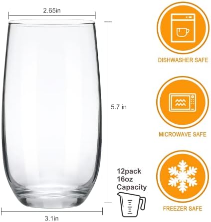 QAPPDA Drinking Glasses Set of 12, 16 oz Highball Glasses with Straws