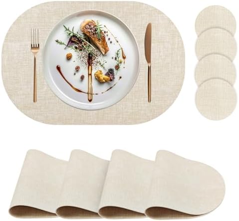 Faux Leather Placemats Set of 4 with Matching Coasters, Heat Resistant