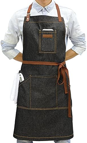 Black Kitchen Apron with Pockets & Towel Loop for Men Women, Denim