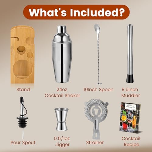 ZPUFAW 8-Piece Cocktail Shaker Set with Wooden Stand Bartender Kits