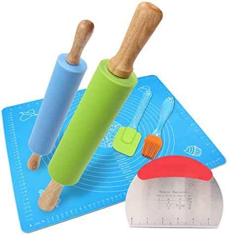 1Set Rolling Pin Pastry Mat Set Non-Stick 6 in 1 Dough Roller Baking
