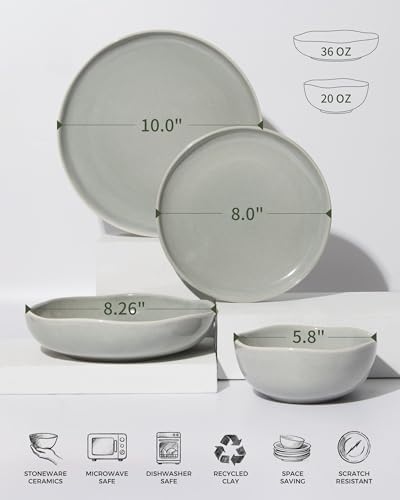 Pokini 32 Piece Dinnerware Set for 8 with Pasta Bowls, Gray Green Reactive Glaze Stoneware | All‑in‑One Host Set for Entertaining, Holiday Meals, Multi‑Course Dish Set | Unique Irregular Look