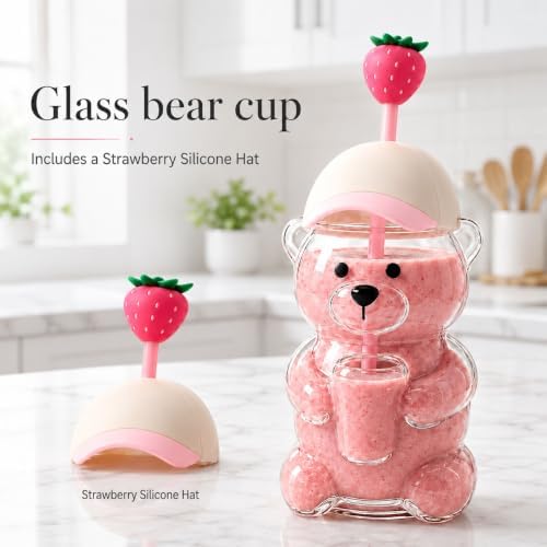 Glass Bear Cup with Straw & Lid, 20oz for Coffee & Shakes