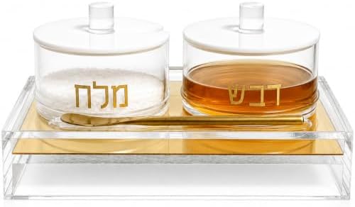 Khen Rosh Hashanah Honey And Salt Dish Set Lids Spoon Clear Acrylic