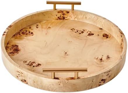 Round Burlwood Tabletop Tray with Gold Handles, 1.75" x 15.75"