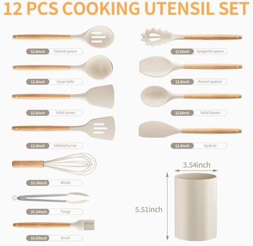 Silicone Cooking Utensil Set, 12-Piece, Khaki