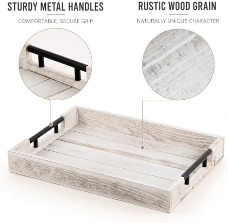 Whitewashed Wooden Serving Tray with Black Metal Handles and 4