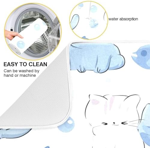 OTVEE Blue Kitty Art Dish Drying Mat for Kitchen Counter Absorbent