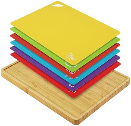 Bamboo Cutting Board Set with 6 Color-Coded Flexible Chopping Mats,BPA