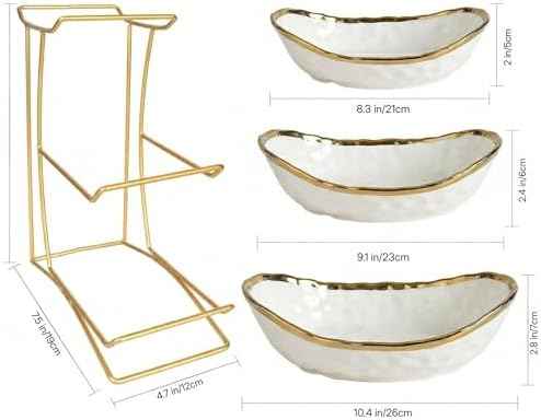 3 Tier White Ceramic Fruit Bowl with Gold Metal Stand, Modern Tiered Fruit Basket Rack for Kitchen Countertop, Large Storage Organizer for Fruit Vegetable Snacks Bread