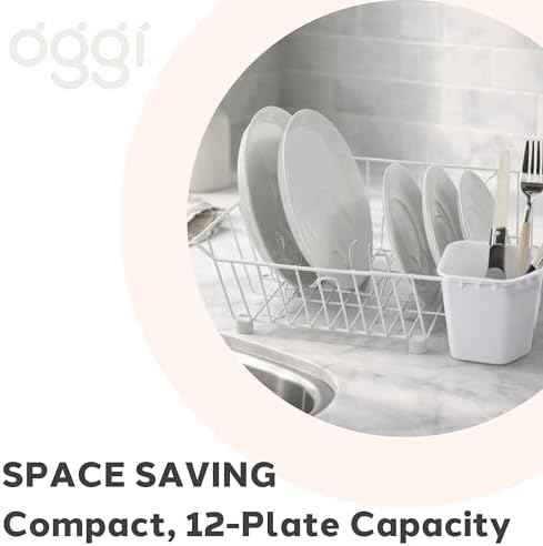 Oggi Compact Dish Drying Rack - White Metal Dish Drainer Rack, Drying Rack Kitchen, Dish Rack, Dish Racks for Kitchen Counter, Durable Coated Metal Kitchen Drying Rack with Cutlery Holder