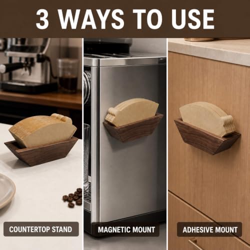 Magnetic Coffee Filter Holder, Solid Walnut, Holds Up to 100 Cone