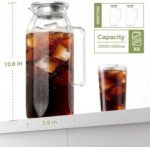2 Pack Glass Pitcher with Lid and Handle for Fridge, Iced Tea and