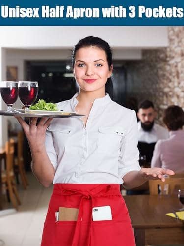 Twistover 5 Pack Red Waist Aprons for Adults 3 Pockets Half Bistro