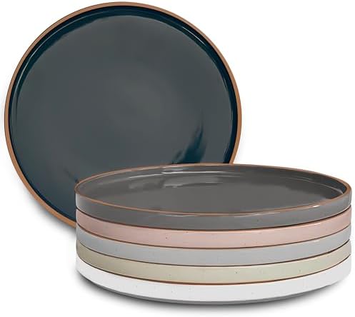MORA Ceramic Flat Dinner Plates Set of 6, 10.5 in High Edge Dish Set