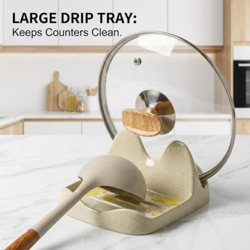 Ceramic Spoon Rest with Pot Lid Holder, 2-in-1 Spoon Holder for Stove