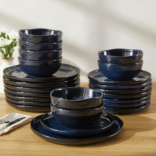 Pokini Stoneware Dinnerware Sets for 8, 24Pcs Ceramic Plates and Bowls Sets