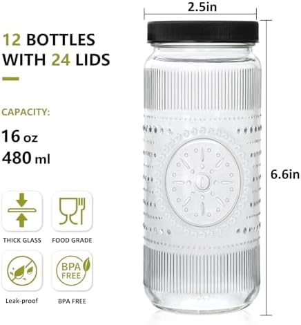 16 oz Glass Juice Bottles with Lids, 12 Pack Reusable Juicing Bottles