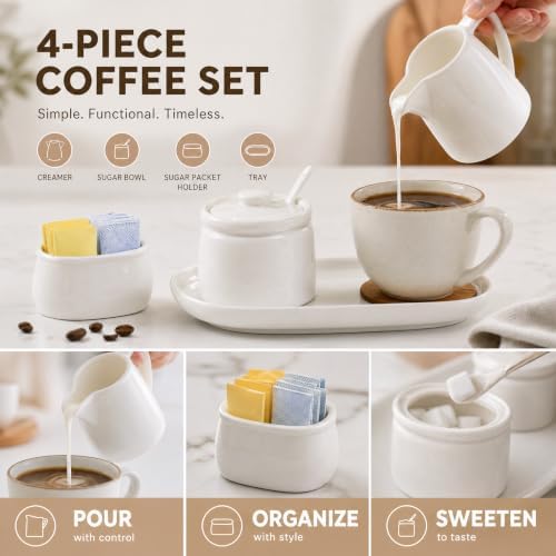 ZENFUN Set of 4 Porcelain Creamer and Sugar Set with Saucer, Sugar